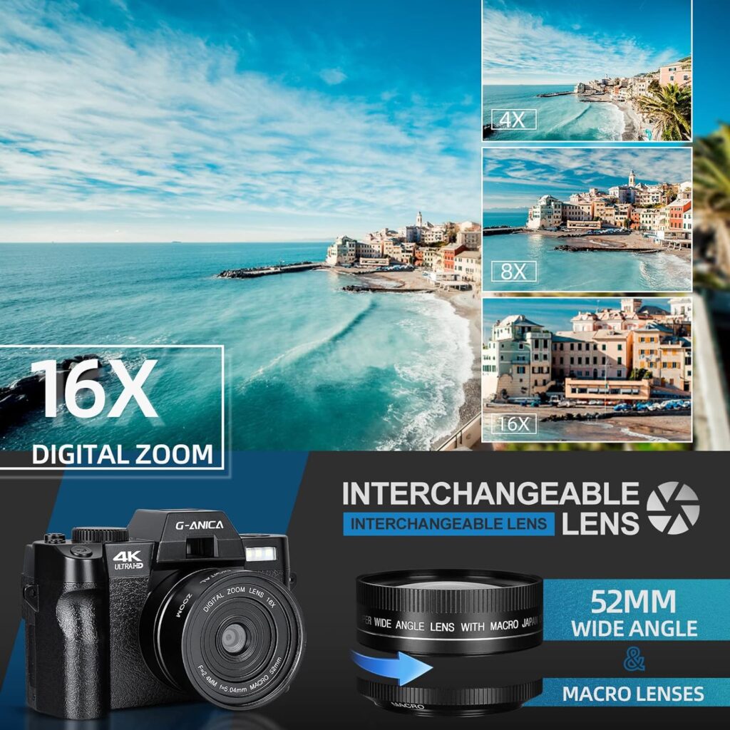 G-Anica 4K Digital Cameras for Photography，48MP/60FPS Video Camera for Vlogging, WiFi  App Control Vlogging Camera for YouTube, Small Camera with 32GB TF Card.Wide-Angle  Macro Lens