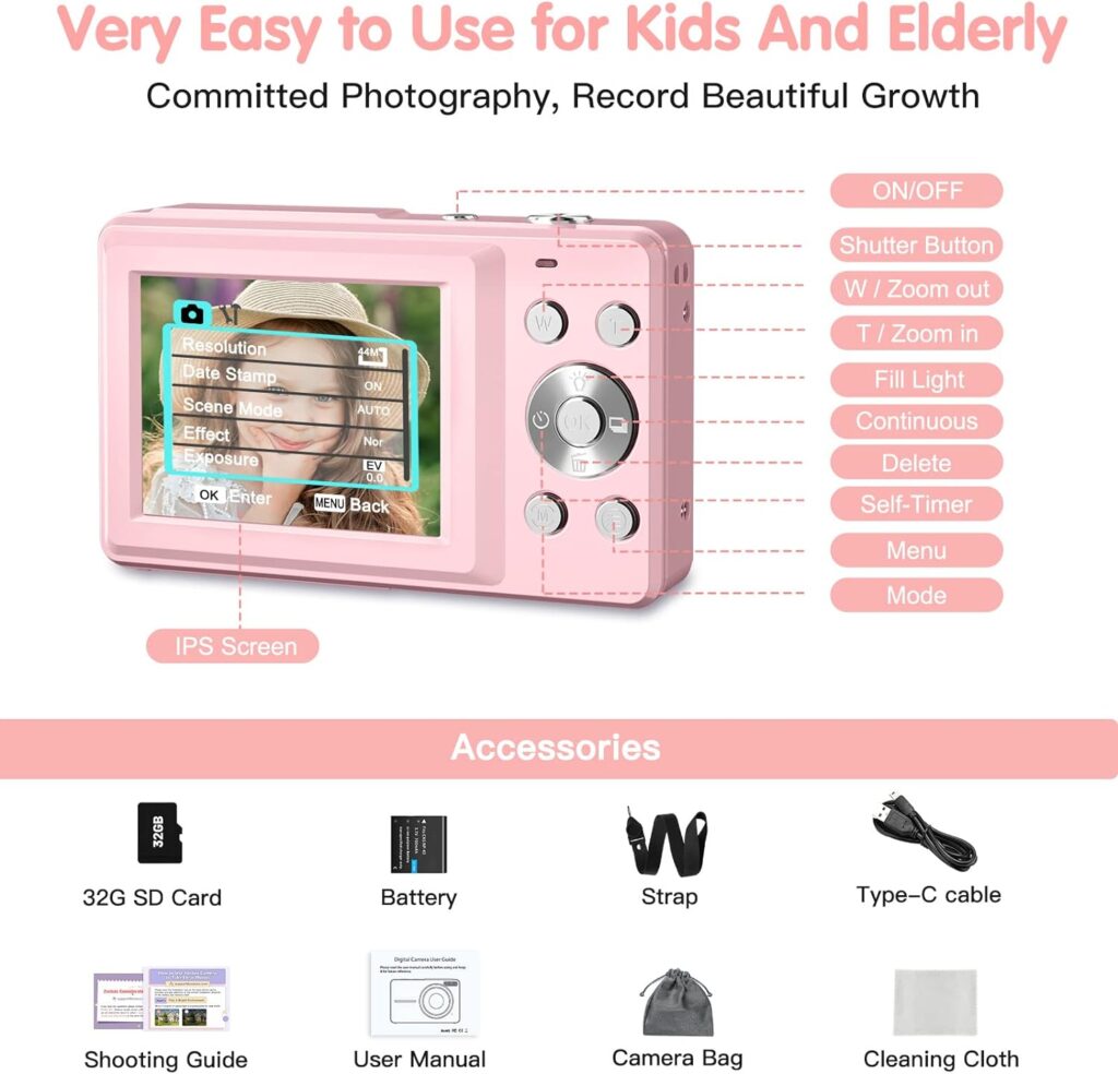 Newest Digital Camera, 1080P Digital Camera for Kids with 32GB Card Anti-Shake, Portable Point and Shoot Camera Fill Flash 16X Zoom, Small Camera