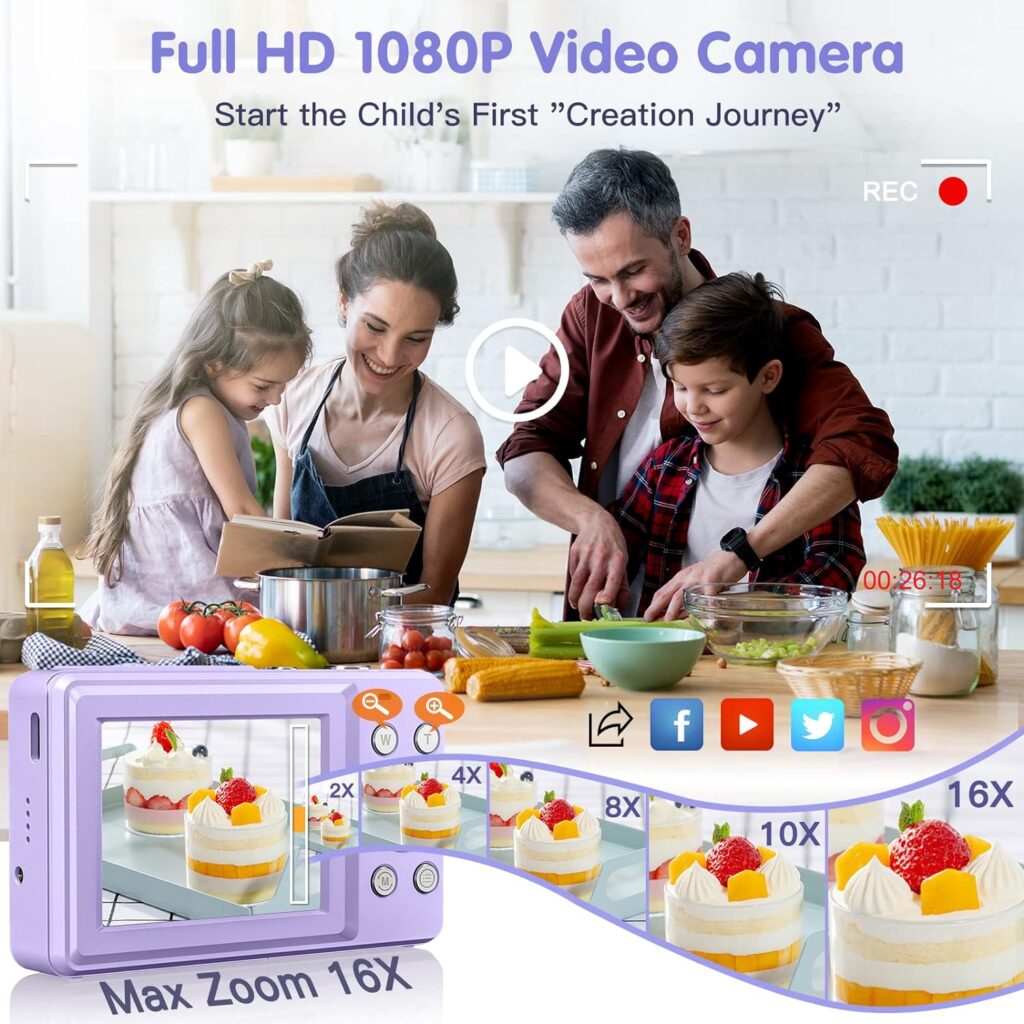 Newest Digital Camera, 1080P Digital Camera for Kids with 32GB Card Anti-Shake, Portable Point and Shoot Camera Fill Flash 16X Zoom, Small Camera