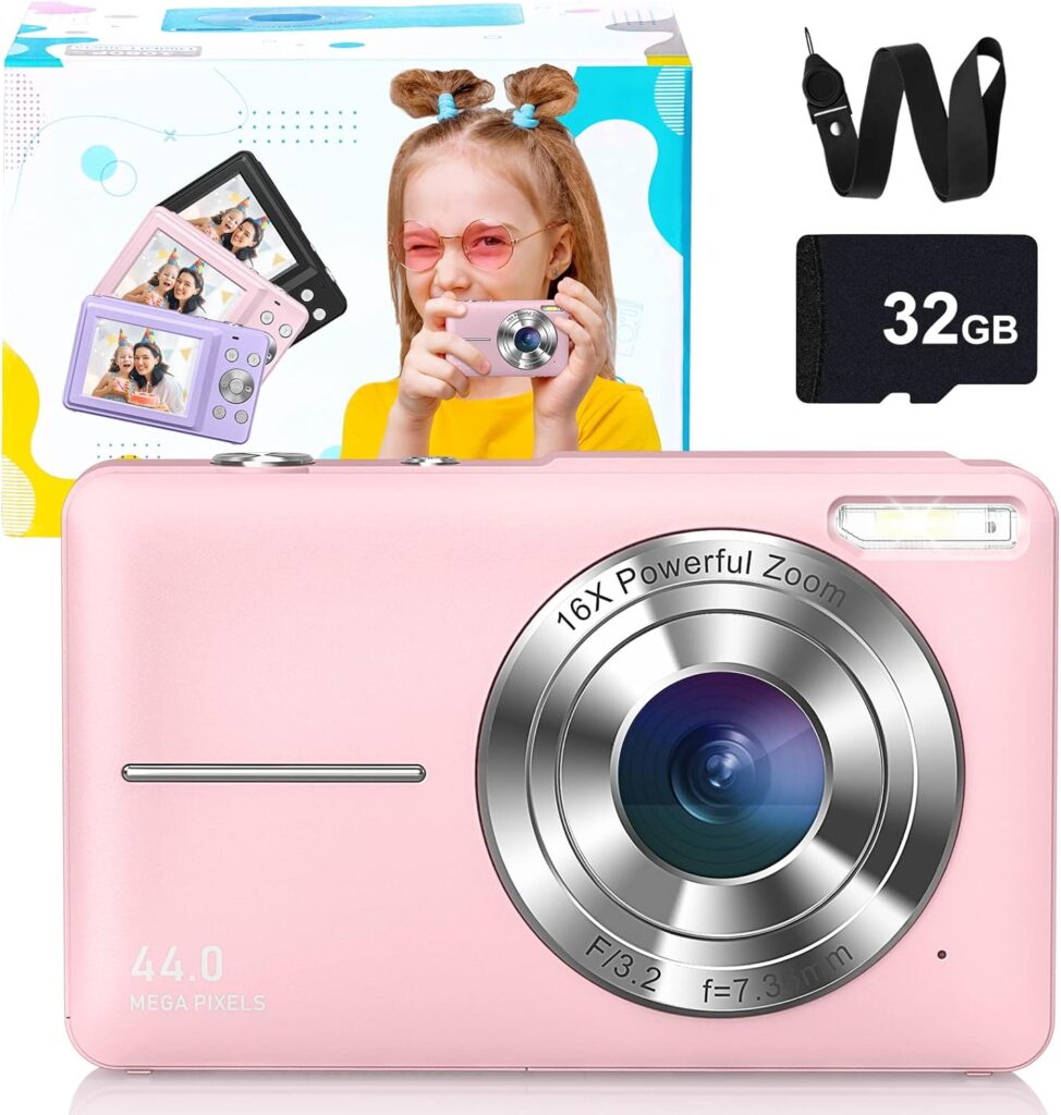 Newest Digital Camera, 1080P Digital Camera for Kids with 32GB Card Anti-Shake, Portable Point and Shoot Camera Fill Flash 16X Zoom, Small Camera