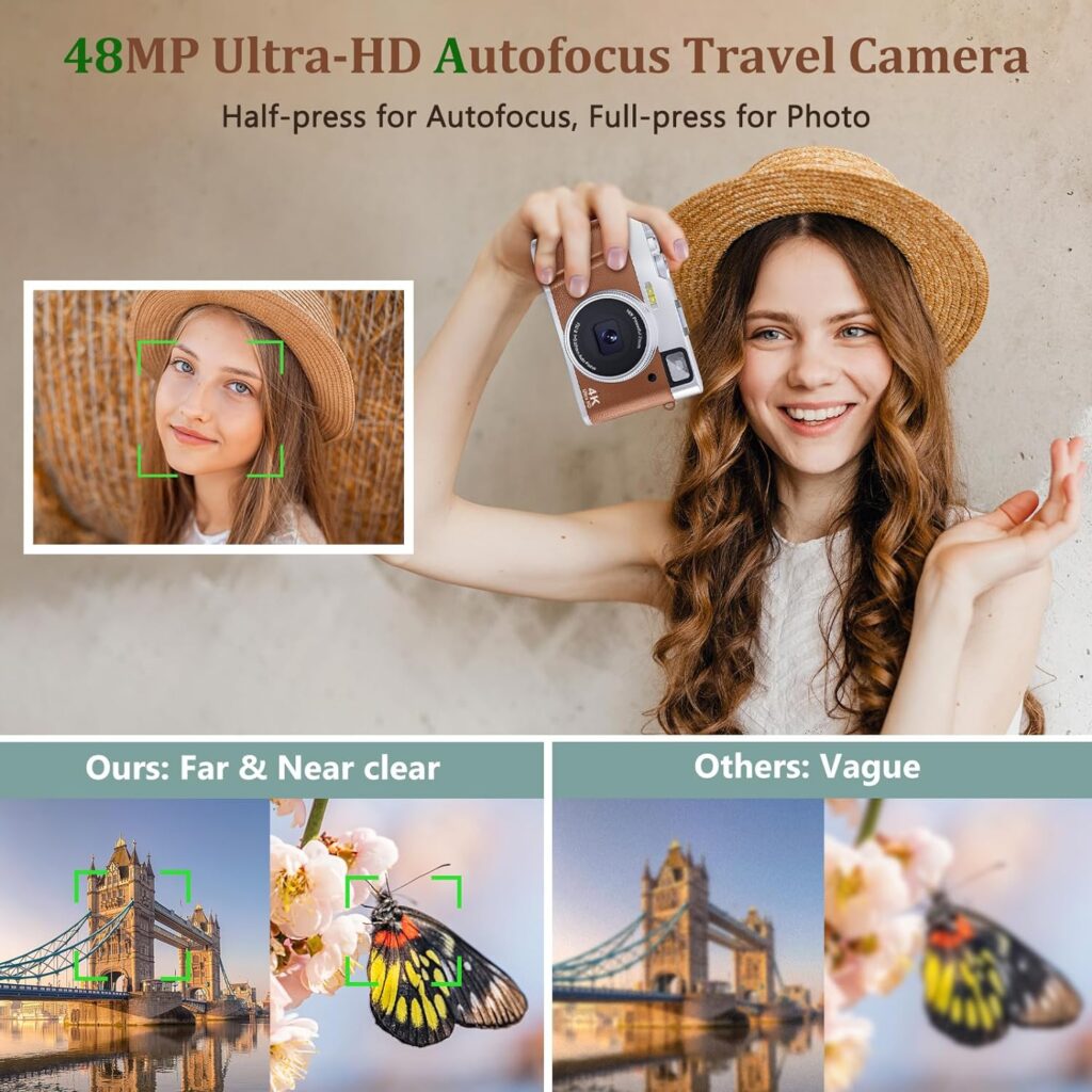 Upgraded 4K Digital Camera with SD Card Autofocus, 48MP Digital Camera with Flash Viewfinder  Dial, Vlogging Camera for Photography and Video Anti-Shake, Compact Travel Camera 16X Zoom (2 Batteries)
