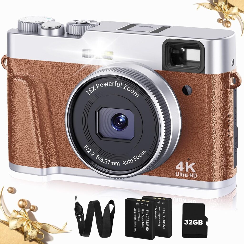 Upgraded 4K Digital Camera with SD Card Autofocus, 48MP Digital Camera with Flash Viewfinder  Dial, Vlogging Camera for Photography and Video Anti-Shake, Compact Travel Camera 16X Zoom (2 Batteries)