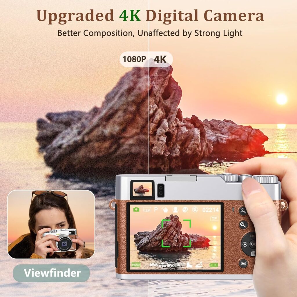 Upgraded 4K Digital Camera with SD Card Autofocus, 48MP Digital Camera with Flash Viewfinder  Dial, Vlogging Camera for Photography and Video Anti-Shake, Compact Travel Camera 16X Zoom (2 Batteries)