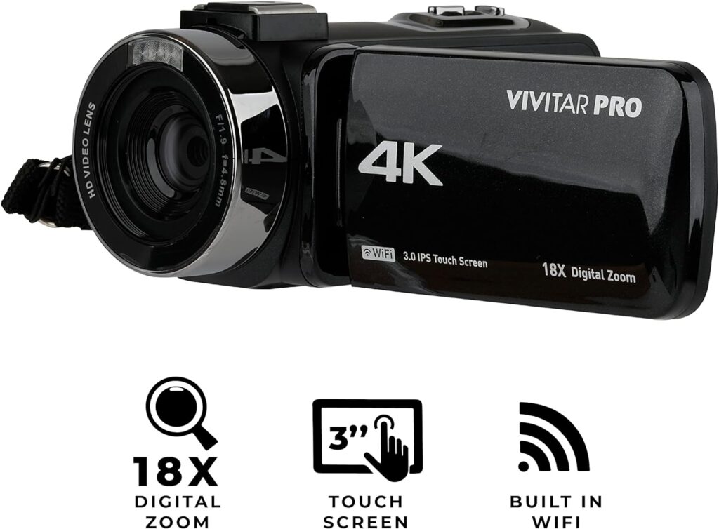 Vivitar 4K Video Camera, Wi-Fi Ultra HD Camcorder with 18x Digital Zoom, 3” IPS Touchscreen Video Recorder with Night Vision, Vlogging Camera with 3.5mm Microphone Jack, Rechargeable, SD Card Slot