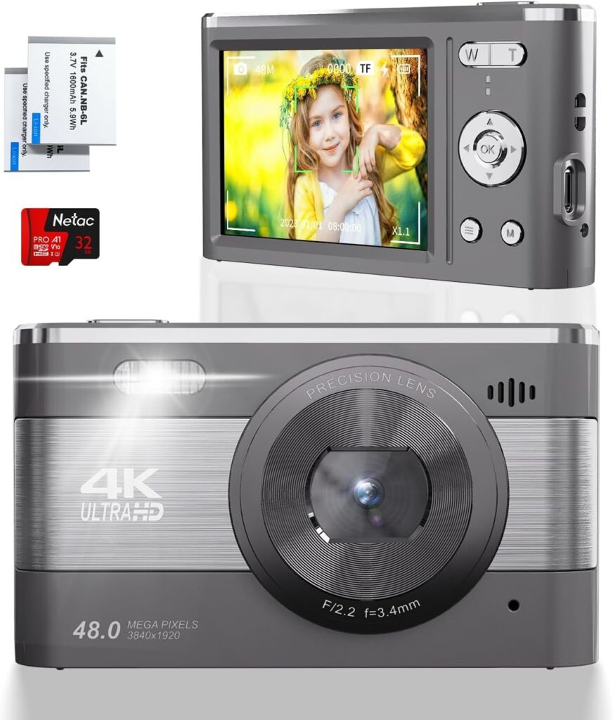 4K Compact Digital Camera for Photography and Video 4K 48MP Vlogging Camera for YouTube with 3” FHD Screen 18X Digital Zoom Point and Shoot Camera Mini Travel Camera with 32GB SD Card, 2 Batteries