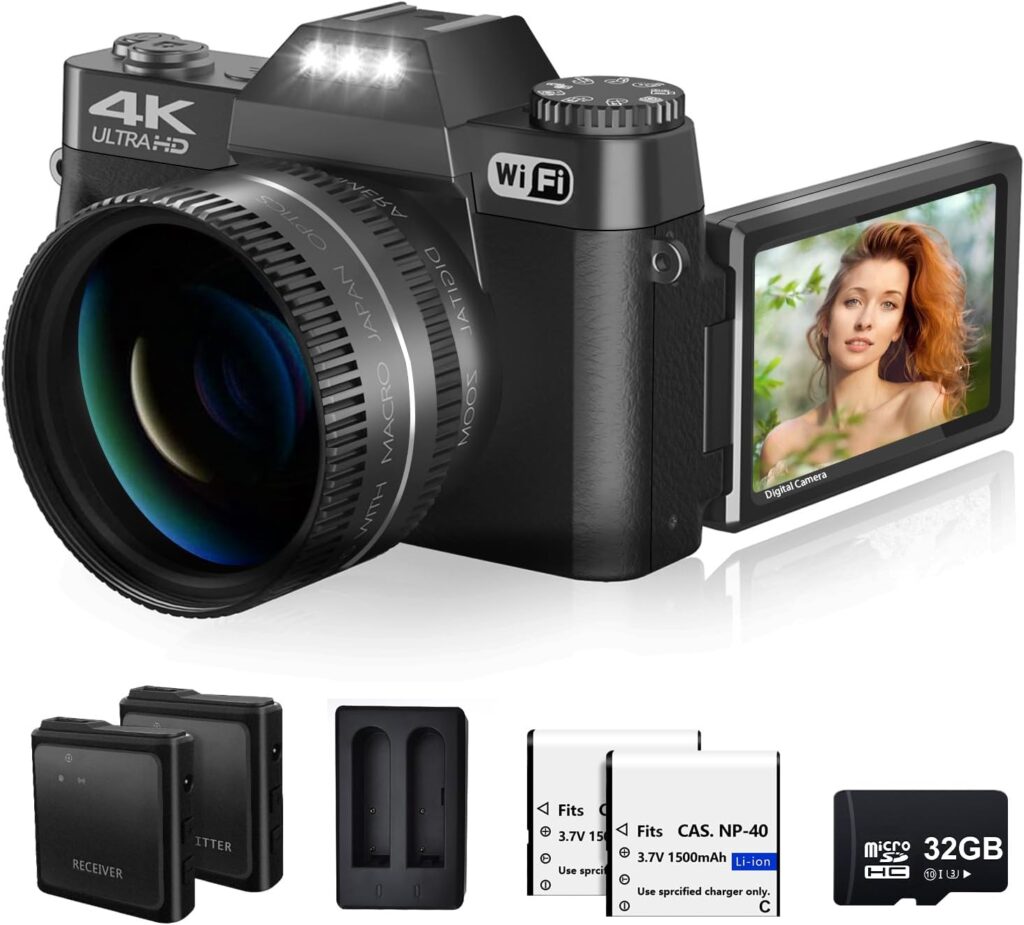 4K Digital Camera for Photography VJIANGER 48MP WiFi Vlogging Camera with 180° Flip Screen, 16X Digital Zoom, 52mm Wide Angle  Macro Lens, 2 Batteries, 32GB TF Card(W02 Black5)