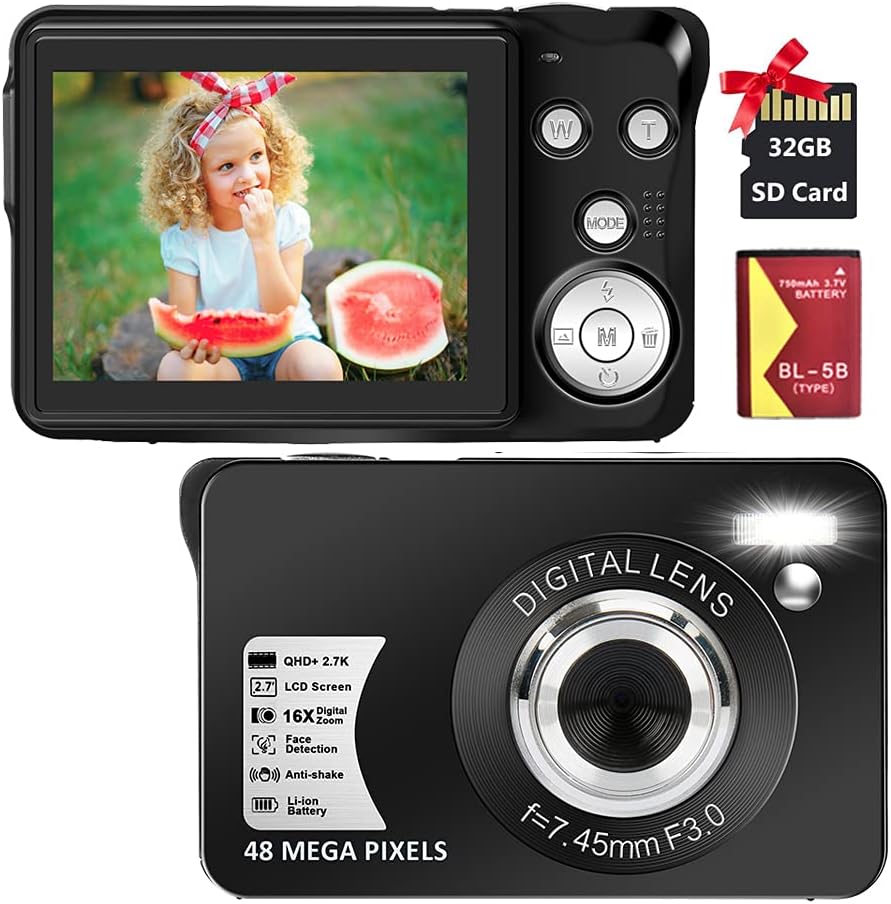 Amazon.com : RRGEAR Digital Camera for Kids, 2.7K Digital Camera for Teens, Boys  Girls, 16X Digital Zoom Camera with 32GB SD Card  2 Batteries (Black) (DC9) : Electronics