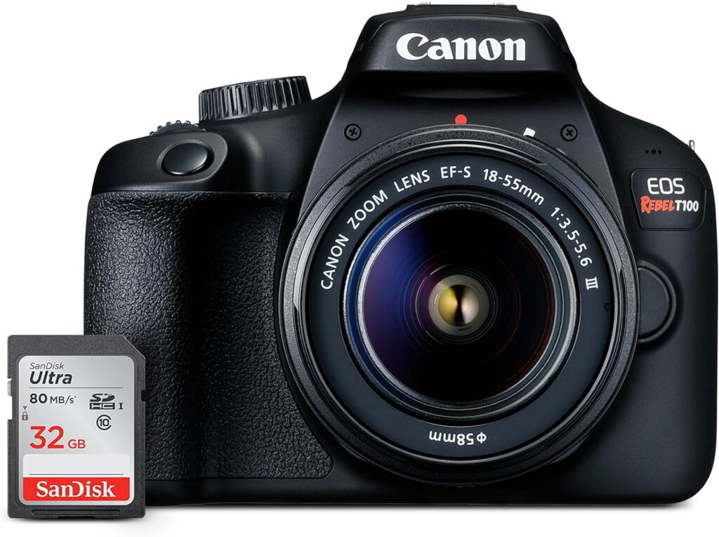 Canon EOS Rebel T100 DSLR Camera with EF-S 18-55mm f/3.5-5.6 III Lens, 18MP APS-C CMOS Sensor, Built-in Wi-Fi, Optical Viewfinder, Impressive Images  Full HD Videos, Includes 32GB SD Card