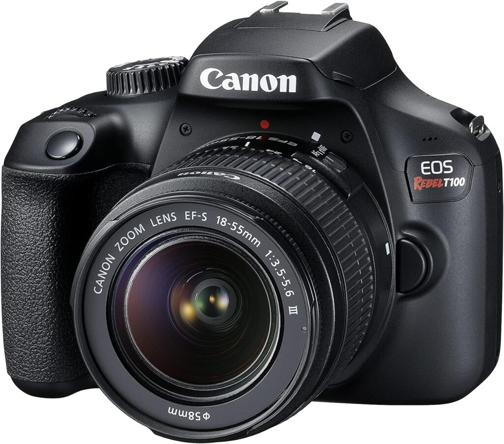 Canon EOS Rebel T100 DSLR Camera with EF-S 18-55mm f/3.5-5.6 III Lens, 18MP APS-C CMOS Sensor, Built-in Wi-Fi, Optical Viewfinder, Impressive Images  Full HD Videos, Includes 32GB SD Card