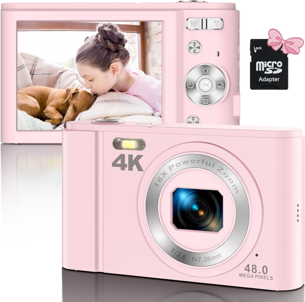 Digital Camera, 4K 48MP Vlogging Camera Compact Pocket Camera with 16X Zoom 32GB SD Card, Point and Shoot Camera for Adult Seniors Students Kids Beginner(Pink)