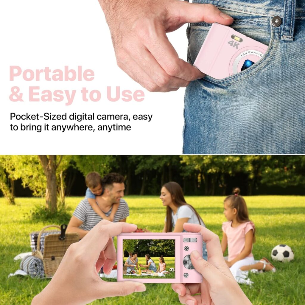 Digital Camera, 4K 48MP Vlogging Camera Compact Pocket Camera with 16X Zoom 32GB SD Card, Point and Shoot Camera for Adult Seniors Students Kids Beginner(Pink)