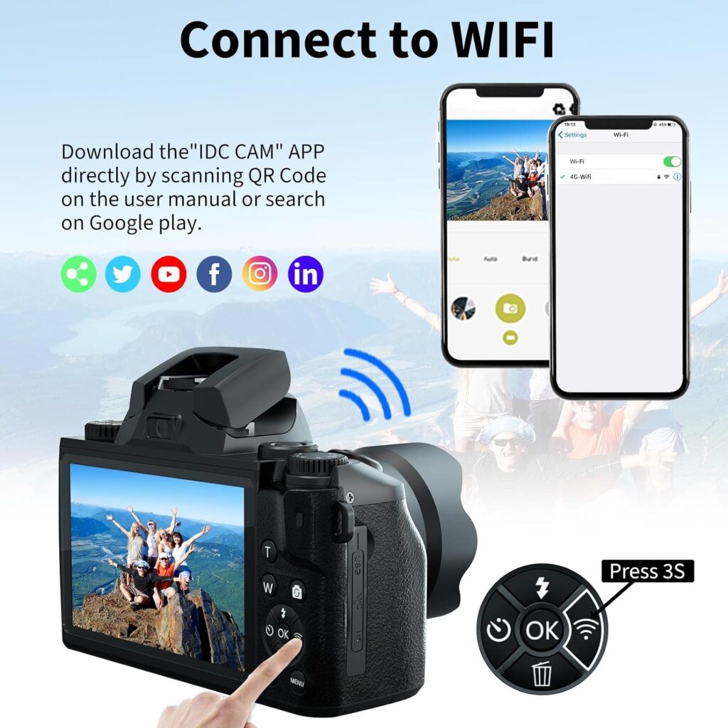 Digital Camera VJIANGER 4K Vlogging Camera 64MP Mirrorless Cameras for Photography with WiFi, 52mm Fixed Lens, 4.0 Fixed Touch Screen, 32GB SD Card  Camera Bag(W05-BlackS1)