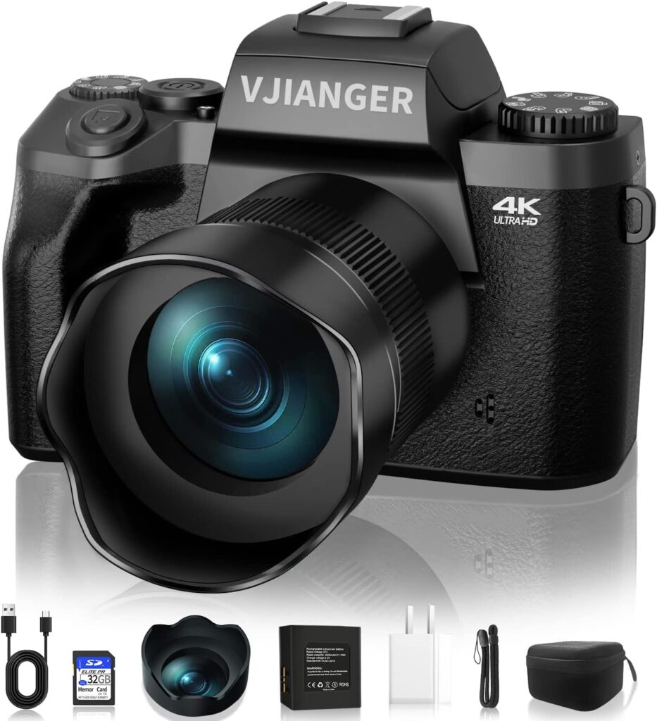 Digital Camera VJIANGER 4K Vlogging Camera 64MP Mirrorless Cameras for Photography with WiFi, 52mm Fixed Lens, 4.0 Fixed Touch Screen, 32GB SD Card  Camera Bag(W05-BlackS1)