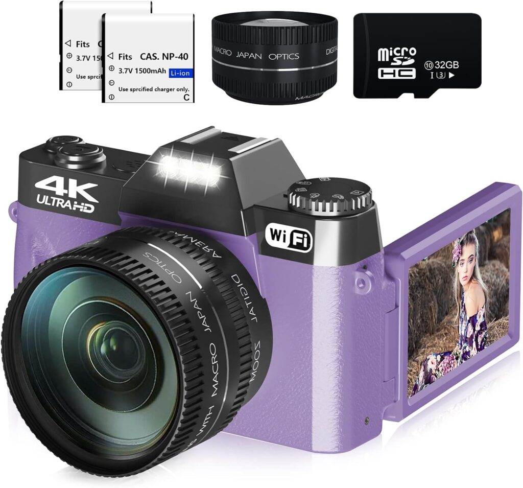 Digital Cameras for Photography, 4K 48MP Vlogging Camera 16X Digital Zoom Manual Focus Rechargeable Students Compact WiFi Camera with 52mm Wide-Angle Lens  Macro Lens, 32G Micro Card and 2 Batteries