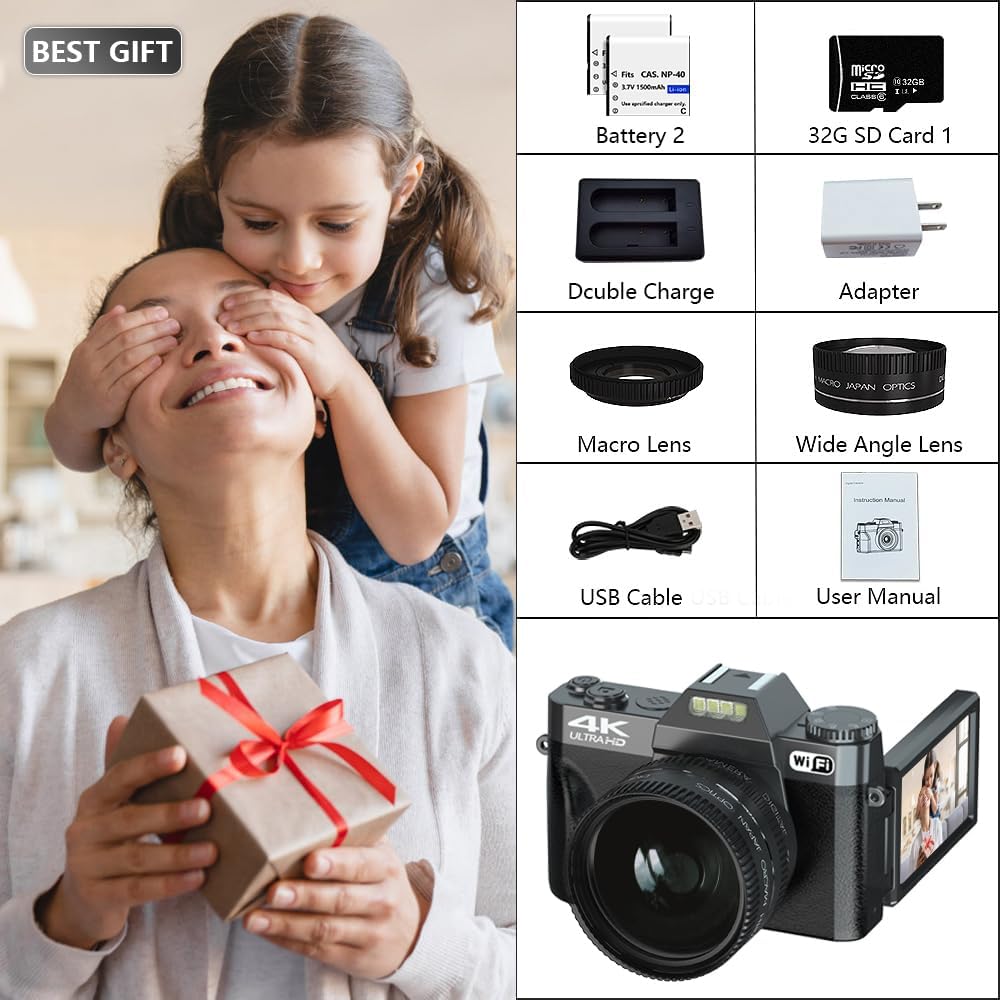 Digital Cameras for Photography, 4K 48MP Vlogging Camera 16X Digital Zoom Manual Focus Rechargeable Students Compact WiFi Camera with 52mm Wide-Angle Lens  Macro Lens, 32G Micro Card and 2 Batteries