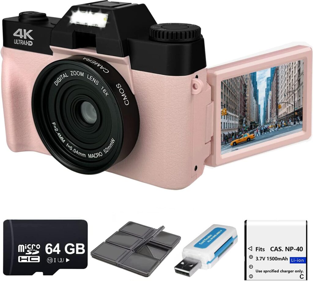 eDealz 4K 48MP Digital Camera Photography with 3’’ 180° Flip Screen, WiFi, 16X Zoom, Rechargeable Battery, 64GB Micro SD Card, 6 PC Card Holder USB Card Reader (Pink)