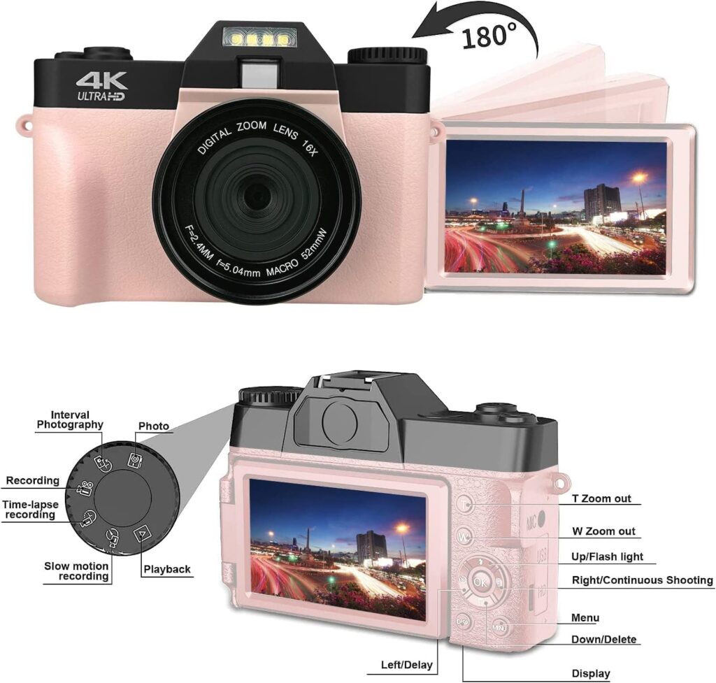 eDealz 4K 48MP Digital Camera Photography with 3’’ 180° Flip Screen, WiFi, 16X Zoom, Rechargeable Battery, 64GB Micro SD Card, 6 PC Card Holder USB Card Reader (Pink)