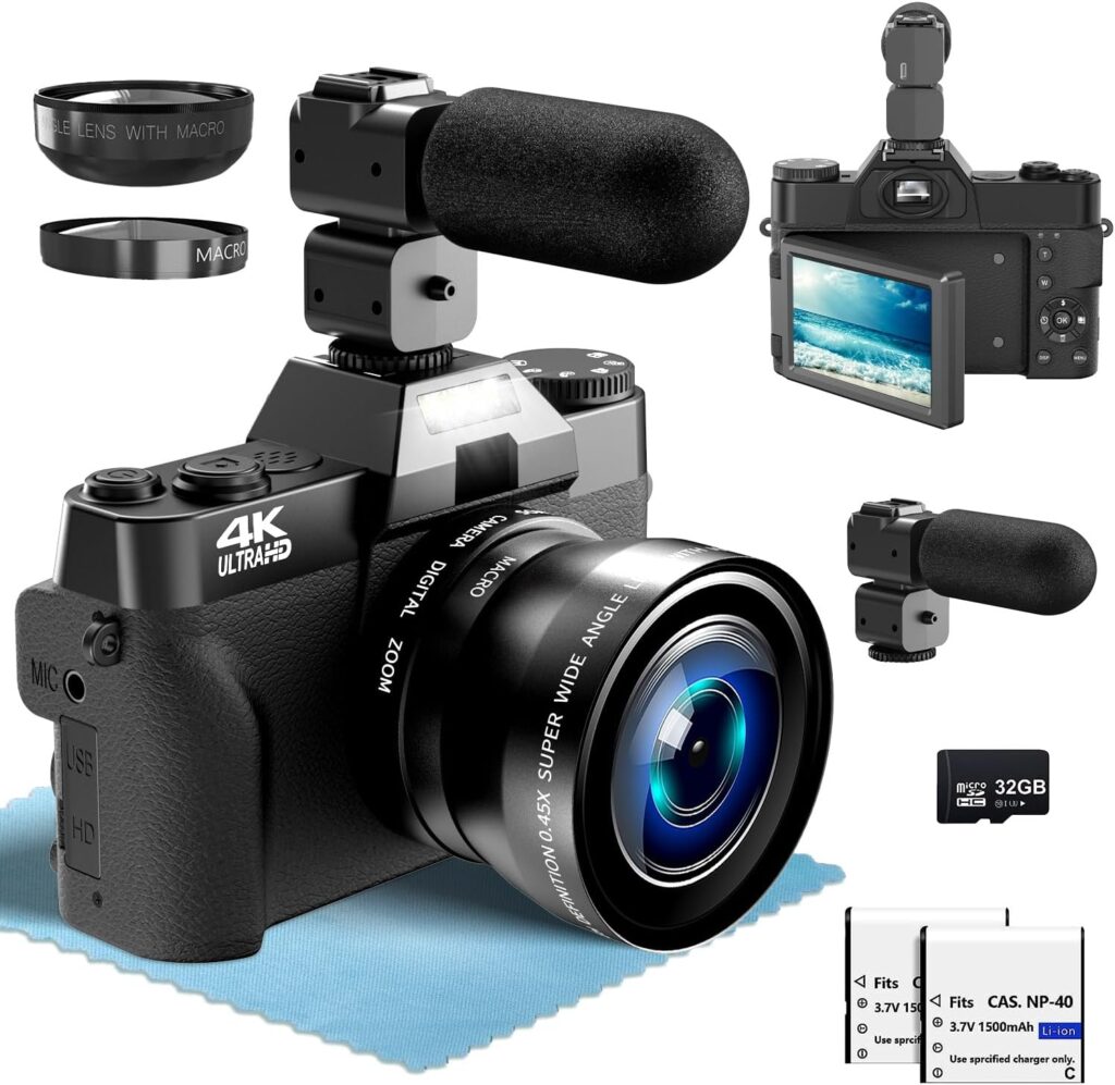 Hojocojo 4KVlogging Camera, 48MP Cameras for Photography，180° Flip Screen, WiFi, 18X Digital Zoom, 32GB TF Card, 52mm Wide Angle  Macro Lenses,Compact Camera for Beginners