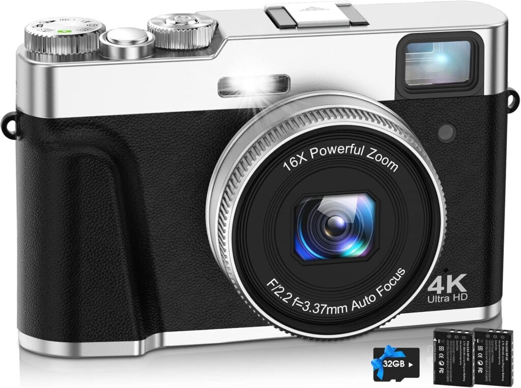 NEZINI 4K Digital Camera,Auto Focus 48MP Vlogging Camera for YouTube and Anti-Shake Video Camera with Viewfinder Flash  Dial,16X Zoom Travel Portable Camera with 32GB Card,2 Batteries (Black)