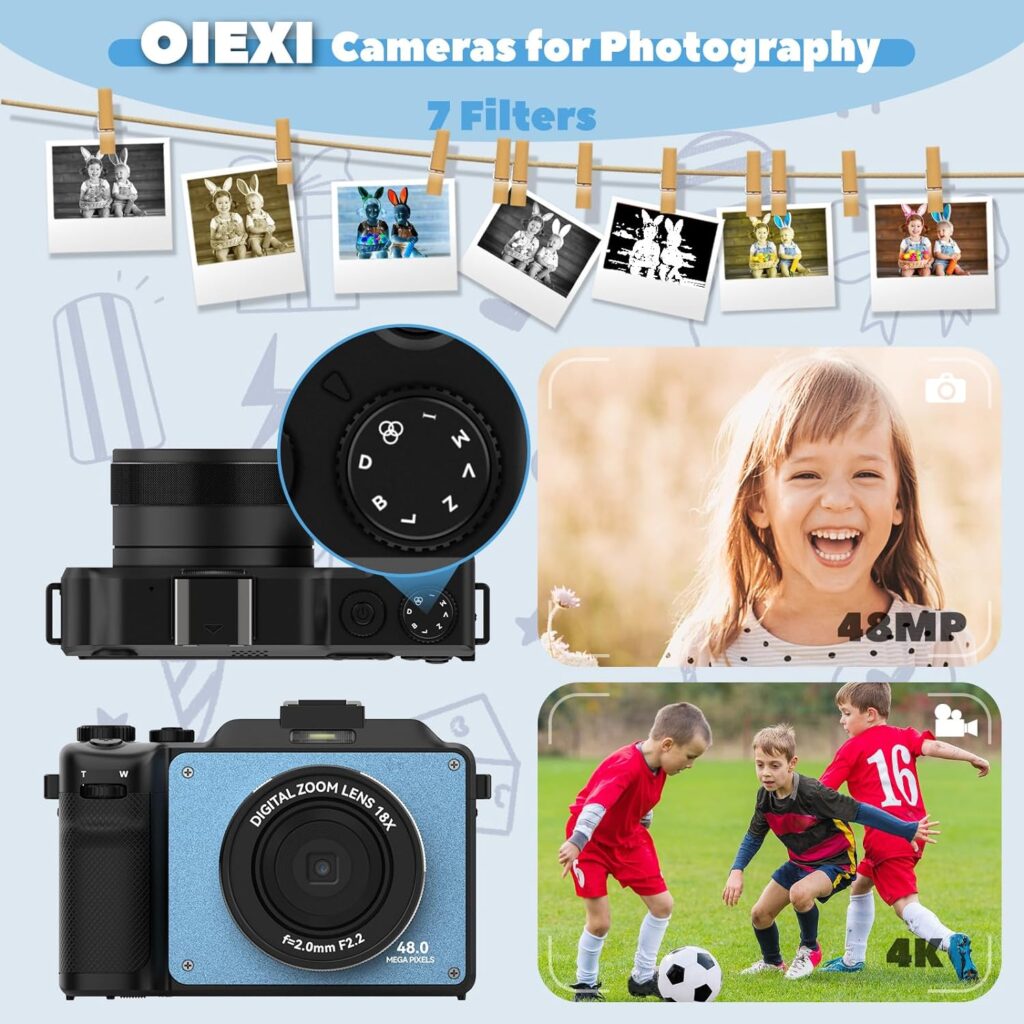 OIEXI 48MP Digital Camera for Photography,4K Vlogging Camera with Front and Rear Dual Cameras,18X Digital Zoom,Built-in 7 Color Filters,3.0-inch Screen,32GB TF Card  Rechargeable Battery(Black)