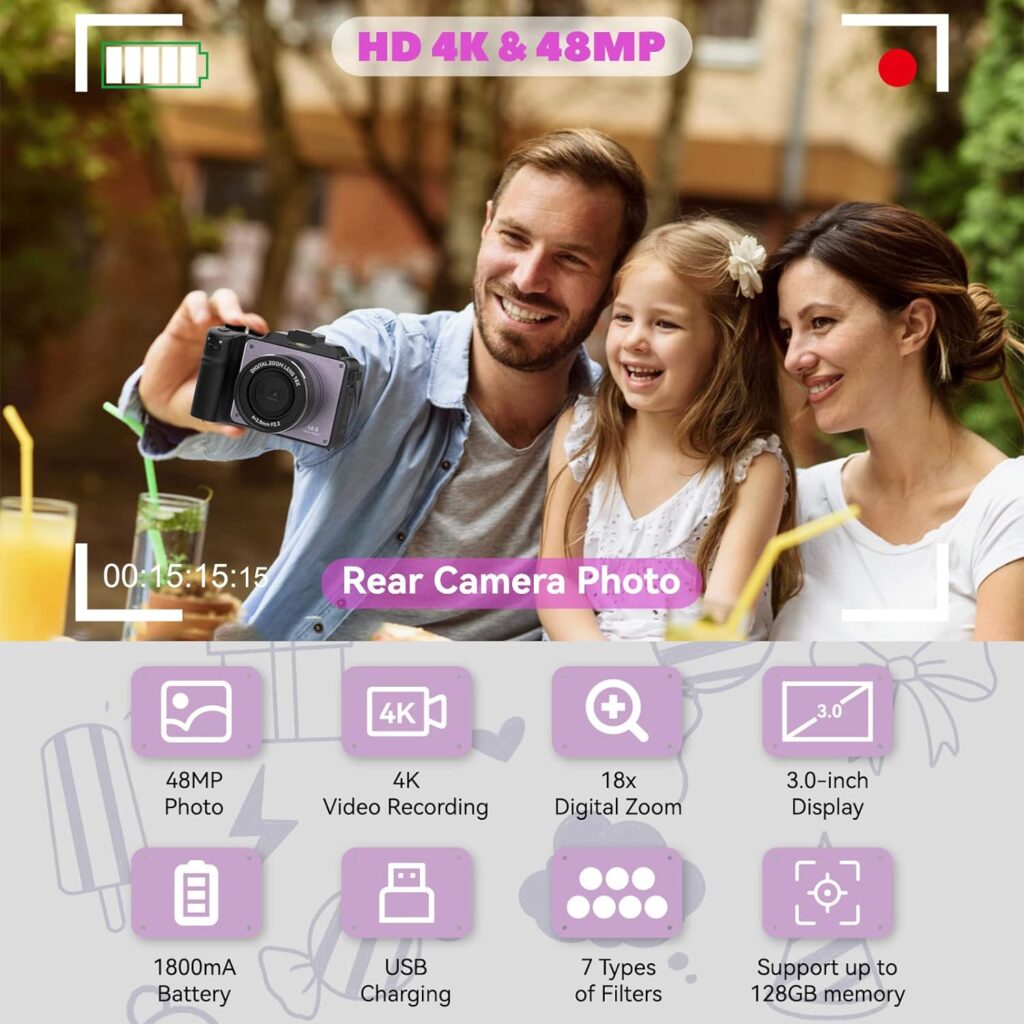 OIEXI 48MP Digital Camera for Photography,4K Vlogging Camera with Front and Rear Dual Cameras,18X Digital Zoom,Built-in 7 Color Filters,3.0-inch Screen,32GB TF Card  Rechargeable Battery(Black)