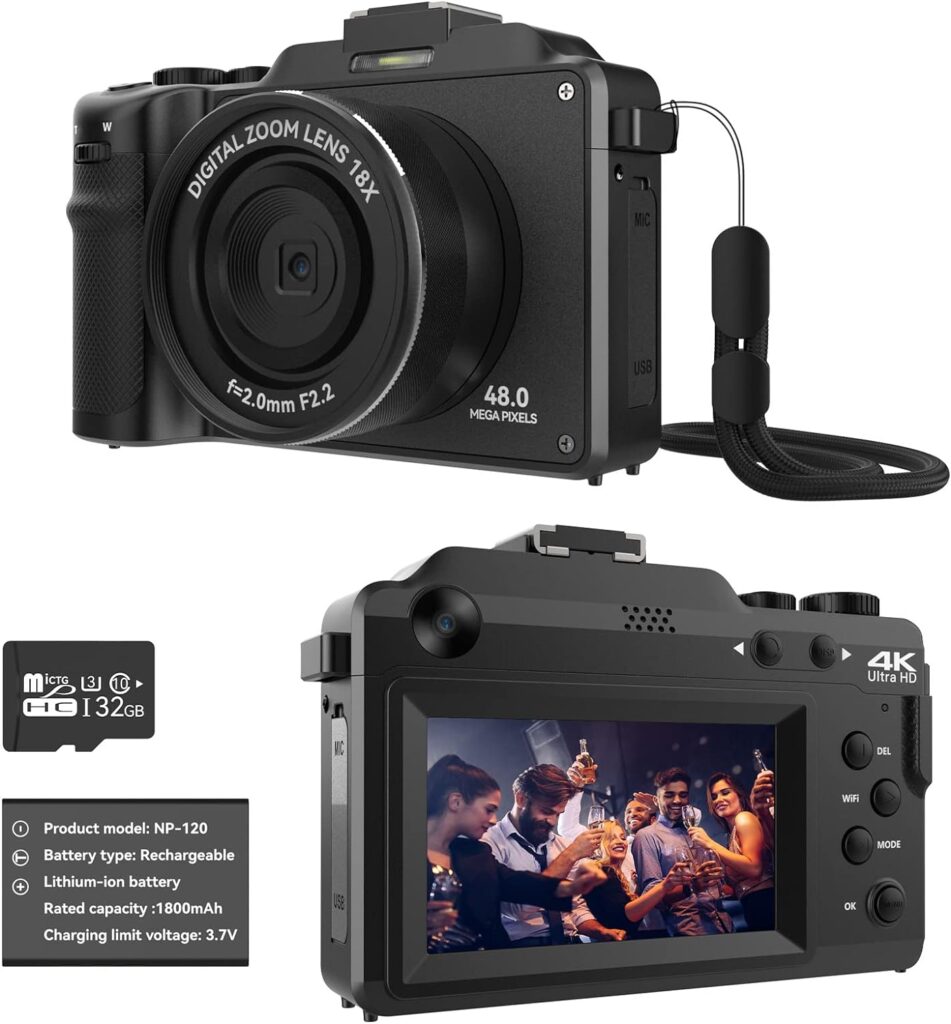 OIEXI 48MP Digital Camera for Photography,4K Vlogging Camera with Front and Rear Dual Cameras,18X Digital Zoom,Built-in 7 Color Filters,3.0-inch Screen,32GB TF Card  Rechargeable Battery(Black)