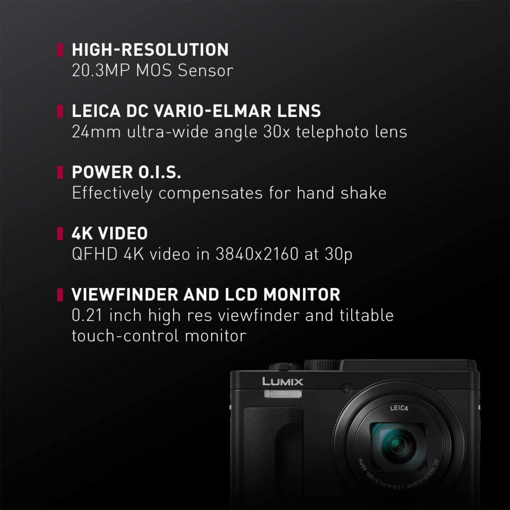 Panasonic LUMIX ZS80D 4K Digital Camera, 20.3MP 1/2.3-inch Sensor, 30X Leica DC Vario-Elmar Lens, F3.3-6.4 Aperture, WiFi, Hybrid O.I.S. Stabilization, 3-Inch LCD, DC-ZS80DK (Black)