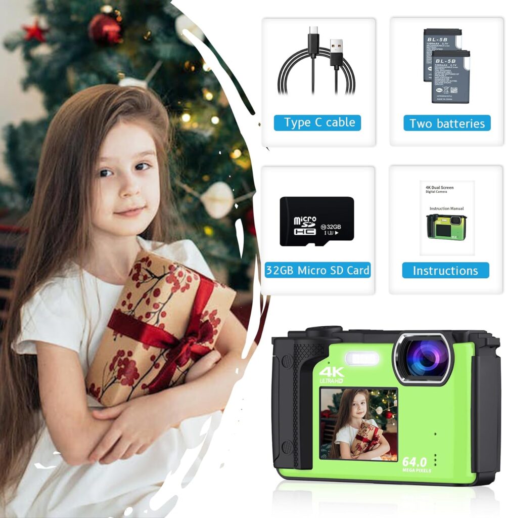 Saneen Digital Camera, 4K 64MP Cameras for Photography, 16X Zoom Vlogging Camera for YouTube with WiFi, Selfie Dual Screens Small Compact Camera with 32GB SD Card,2 Batteries for Beginners - Green