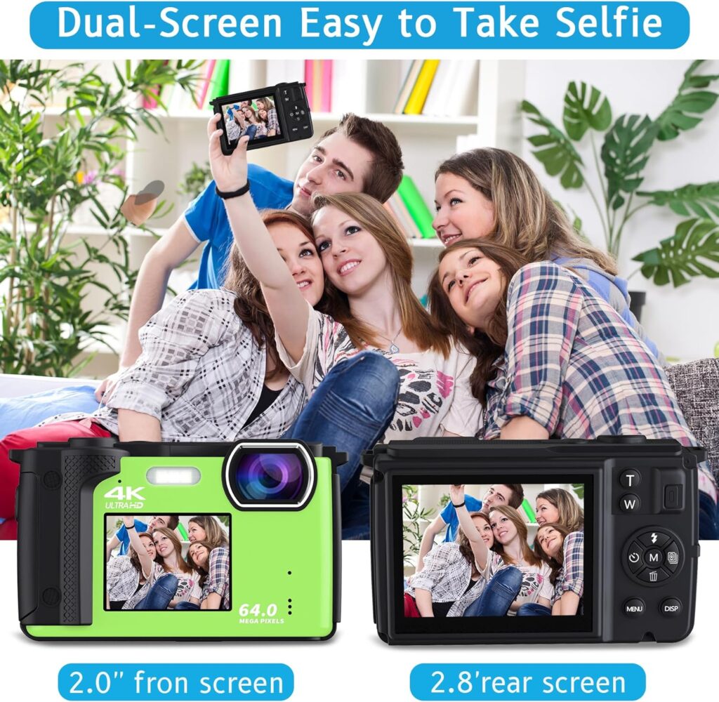 Saneen Digital Camera, 4K 64MP Cameras for Photography, 16X Zoom Vlogging Camera for YouTube with WiFi, Selfie Dual Screens Small Compact Camera with 32GB SD Card,2 Batteries for Beginners - Green
