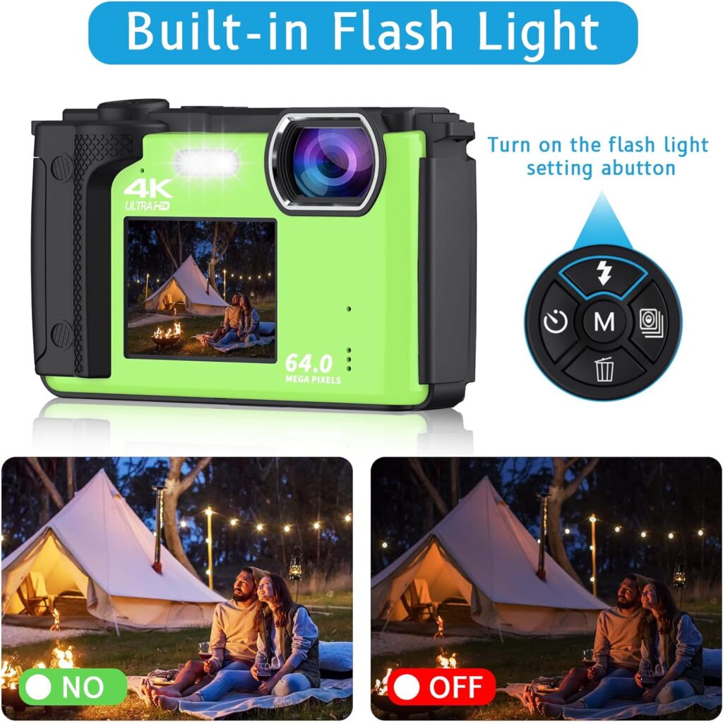 Saneen Digital Camera, 4K 64MP Cameras for Photography, 16X Zoom Vlogging Camera for YouTube with WiFi, Selfie Dual Screens Small Compact Camera with 32GB SD Card,2 Batteries for Beginners - Green