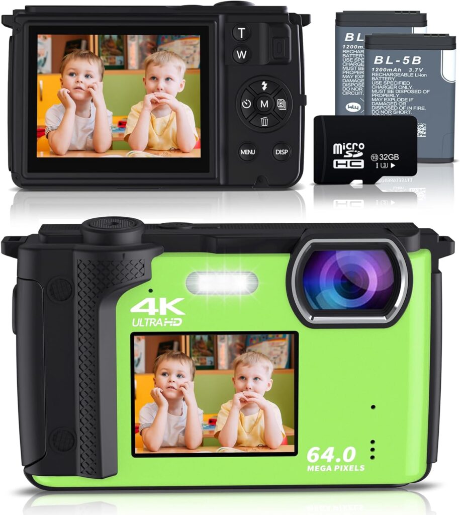 Saneen Digital Camera, 4K 64MP Cameras for Photography, 16X Zoom Vlogging Camera for YouTube with WiFi, Selfie Dual Screens Small Compact Camera with 32GB SD Card,2 Batteries for Beginners - Green