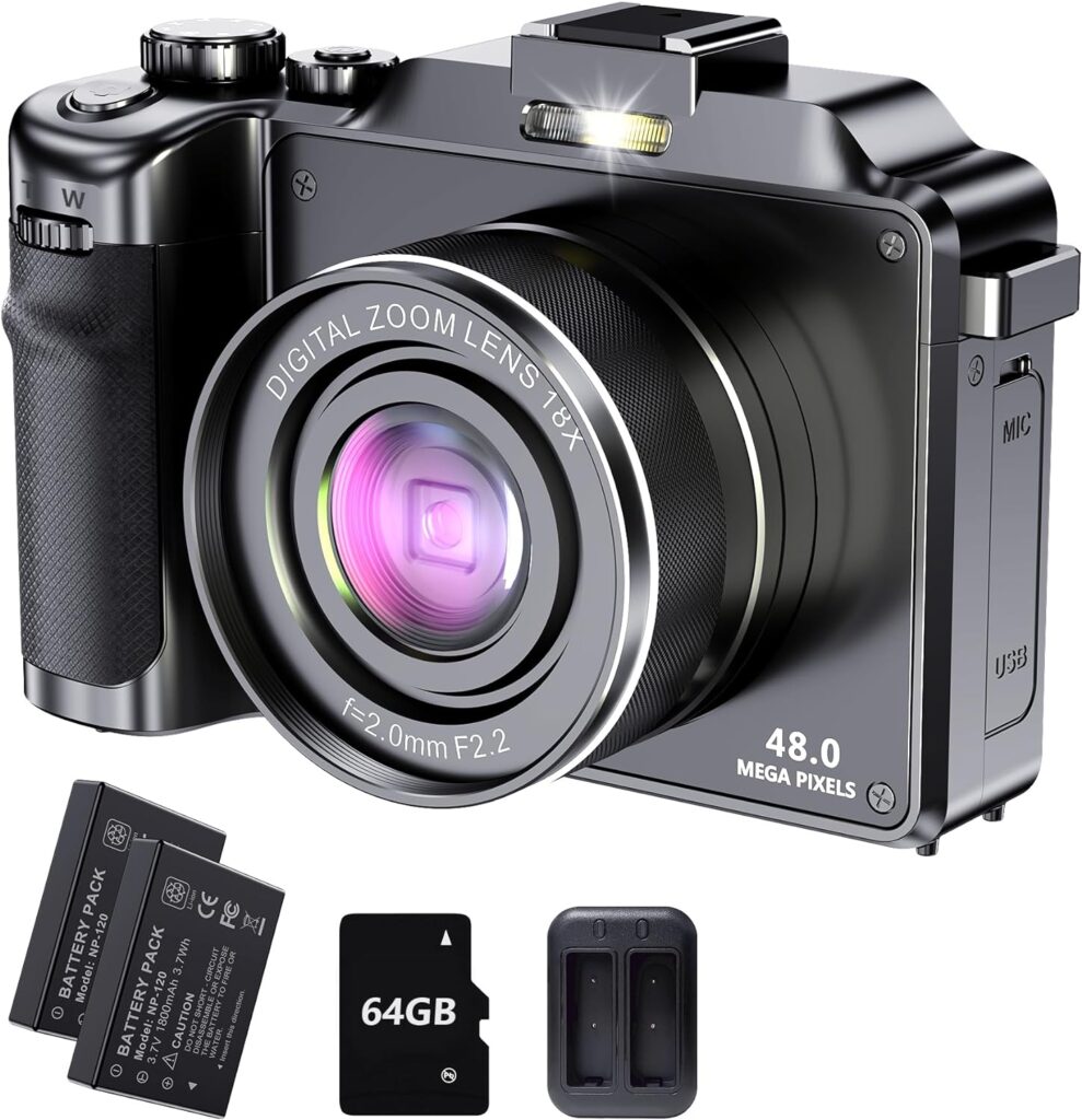 Vlogging Camera 4K 48MP Digital Camera Autofocus Cameras for Photography with 18X Digital Zoom Point and Shoot Camera with 64GB TF Card 4K Digital Camera 2 Batteries and Charger