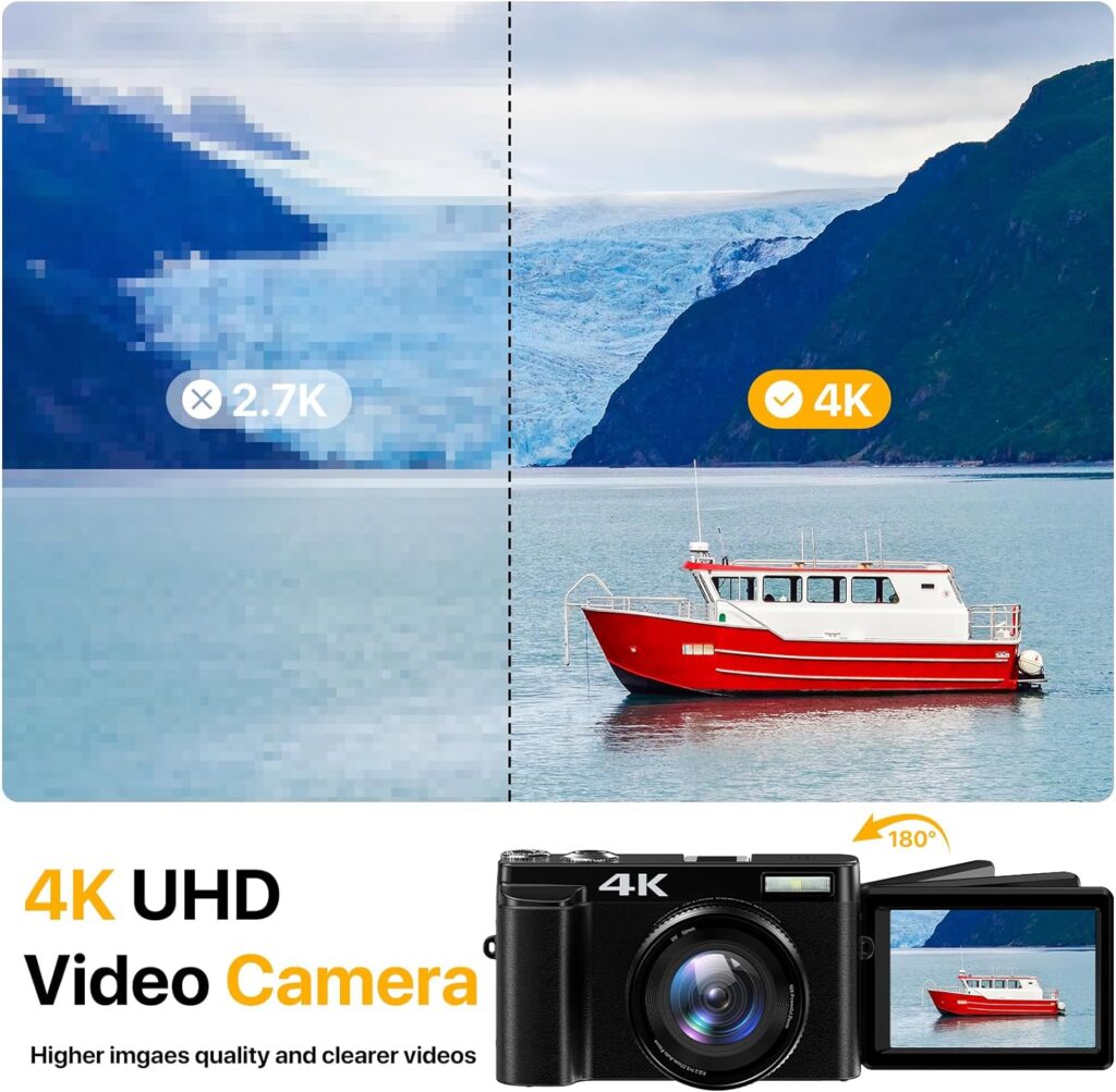 4K Digital Camera for Photography Auto-Focus 4K Camera with 180° 3.0 inch Flip Screen 16X Anti-Shake Vlogging Camera for YouTube Video Compact Cameras with SD Card, 2 Batteries and Battery Charger