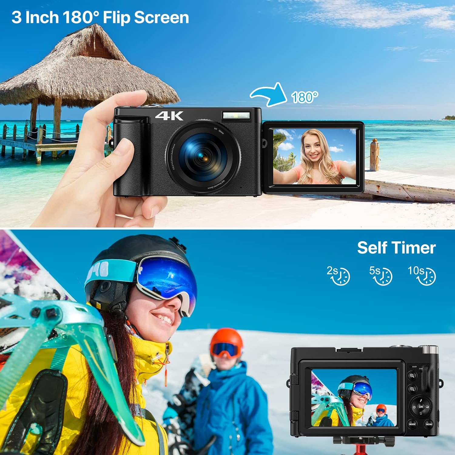 4K Digital Camera for Photography, Autofocus 48MP Vlogging Camera for YouTube with 3” 180 Degree Flip Screen, Compact Video Camera with 16X Digital Zoom, 32G SD Card, 2 Batteries  Battery Charger