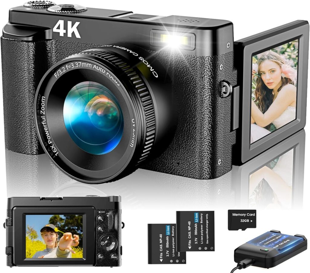 4K Digital Camera for Photography Autofocus, Upgraded 48MP Vlogging Camera for YouTube with SD Card, 3 180 Flip Screen Compact Travel Camera with 16X Digital Zoom, Flash, Anti-Shake, 2 Batteries