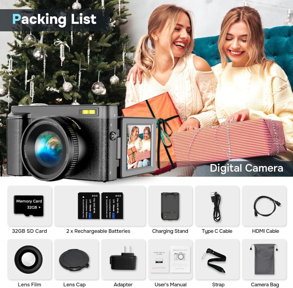 4K Digital Camera for Photography Autofocus, Upgraded 48MP Vlogging Camera for YouTube with SD Card, 3 180 Flip Screen Compact Travel Camera with 16X Digital Zoom, Flash, Anti-Shake, 2 Batteries