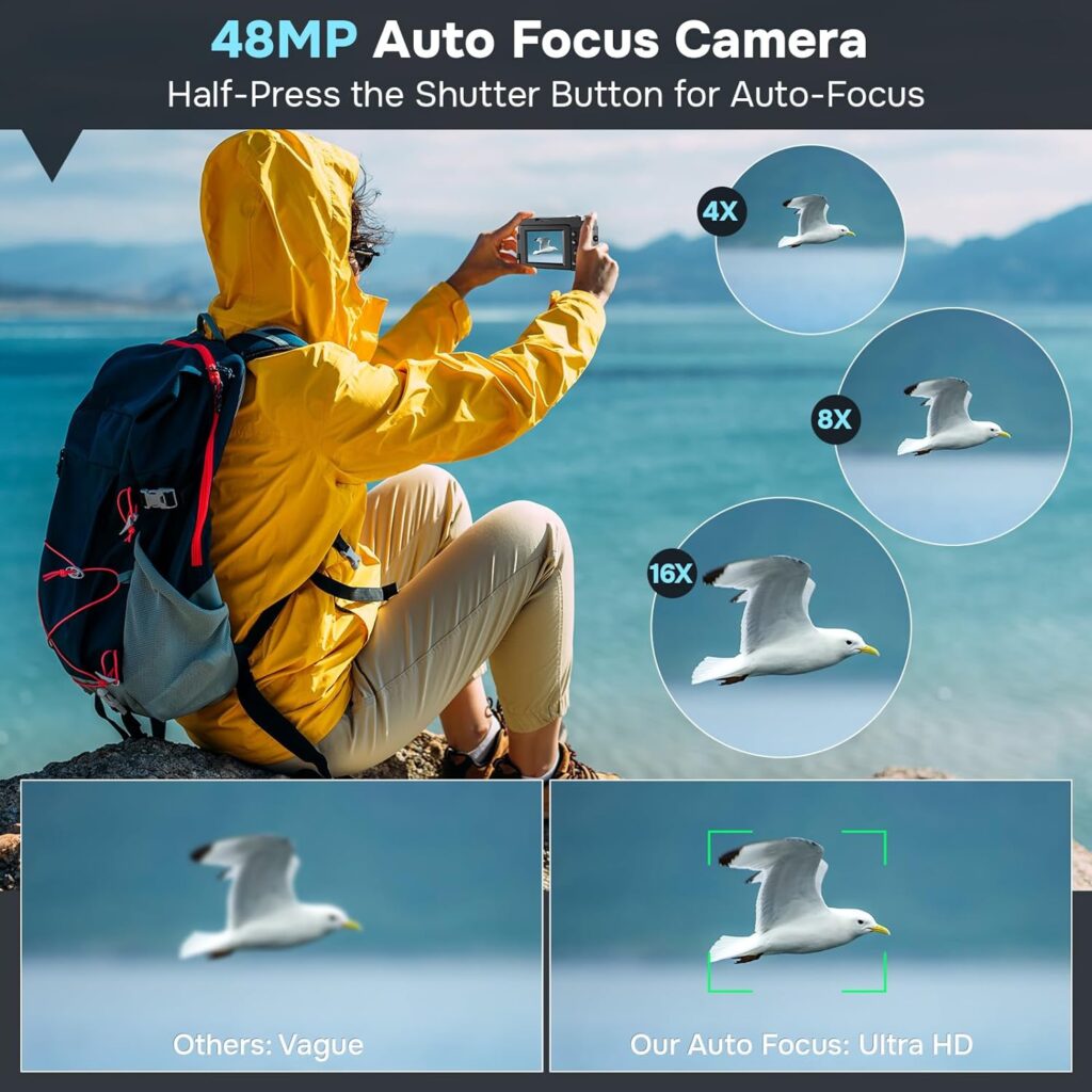 4K Digital Camera for Photography Autofocus, Upgraded 48MP Vlogging Camera for YouTube with SD Card, 3 180 Flip Screen Compact Travel Camera with 16X Digital Zoom, Flash, Anti-Shake, 2 Batteries