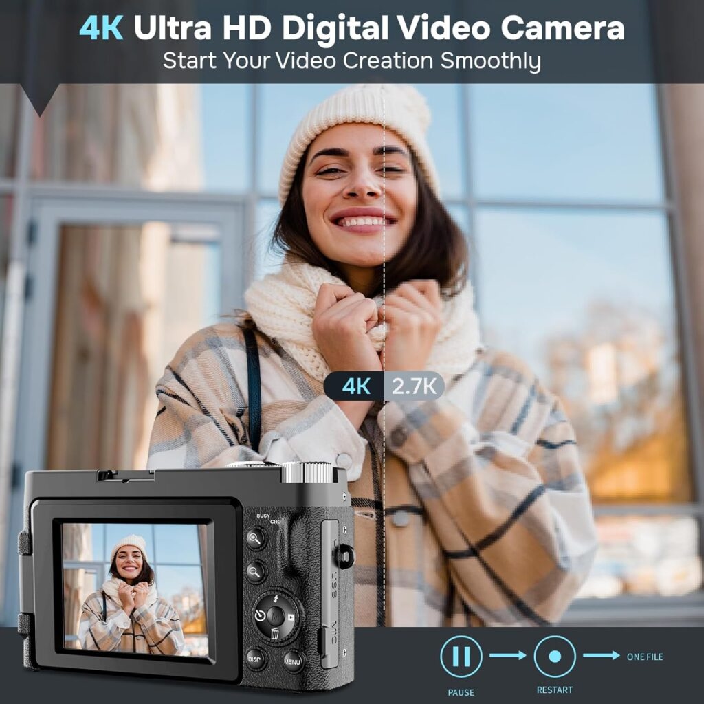 4K Digital Camera for Photography Autofocus, Upgraded 48MP Vlogging Camera for YouTube with SD Card, 3 180 Flip Screen Compact Travel Camera with 16X Digital Zoom, Flash, Anti-Shake, 2 Batteries