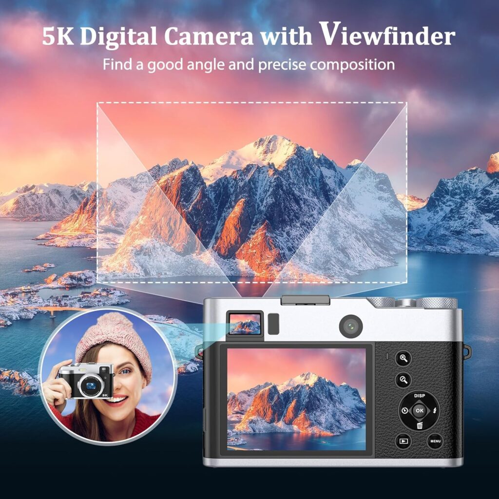 5K Digital Camera for Photography and Video Autofocus 48MP Vlogging Selfie Camera Anti-Shake with Flash Viewfinder Dial, 16X Digital Zoom Compact Video Camera for Travel with 32GB Card, 2 Batteries