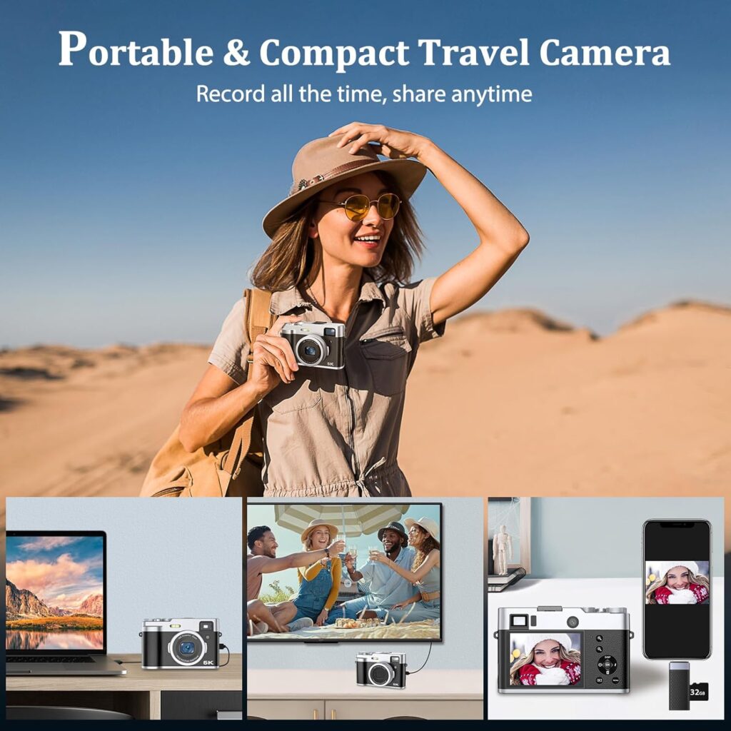 5K Digital Camera for Photography and Video Autofocus 48MP Vlogging Selfie Camera Anti-Shake with Flash Viewfinder Dial, 16X Digital Zoom Compact Video Camera for Travel with 32GB Card, 2 Batteries