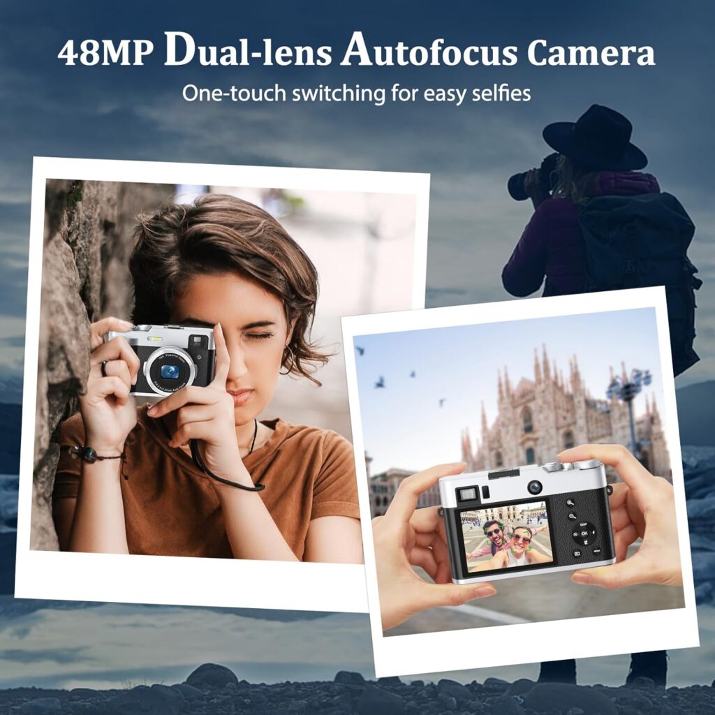 5K Digital Camera for Photography and Video Autofocus 48MP Vlogging Selfie Camera Anti-Shake with Flash Viewfinder Dial, 16X Digital Zoom Compact Video Camera for Travel with 32GB Card, 2 Batteries