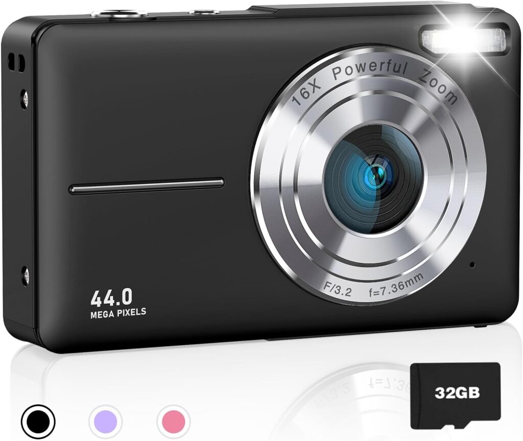 AiTechny Digital Camera, 1080P FHD Camera for Kids, 44MP Point and Shoot Digital Camera with 32GB Card, Fill Light, 16X Zoom, Anti-Shake, Compact Small Camera Gift for Teens Boys Girls(Black)