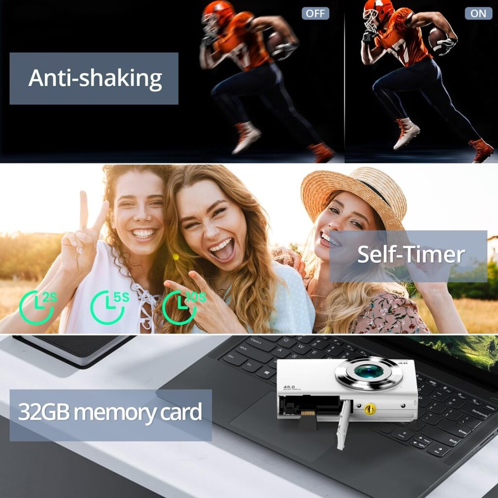 Digital Camera 4K Auto Focus Vlogging Camera 48MP 16X Digital Zoom Digital Camera with 32GB Memory Card YouTube Portable Compact Small Video Camera for Teens Adult Beginner Kids