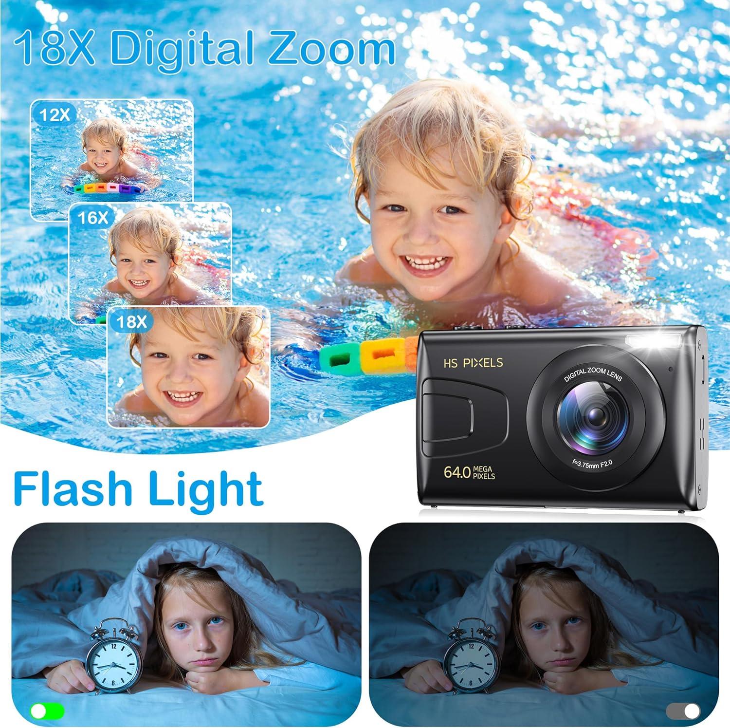 Digital Camera, 4K Kids Camera for Photography, 64MP MP3 Player Compact Video Camera 18X Digital Zoom Vlogging Camera for YouTube, Auto Focus Point and Shoot Digital Cameras Gift for Students Teens