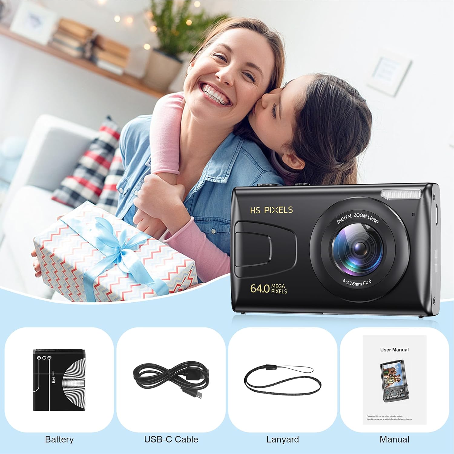 Digital Camera, 4K Kids Camera for Photography, 64MP MP3 Player Compact Video Camera 18X Digital Zoom Vlogging Camera for YouTube, Auto Focus Point and Shoot Digital Cameras Gift for Students Teens
