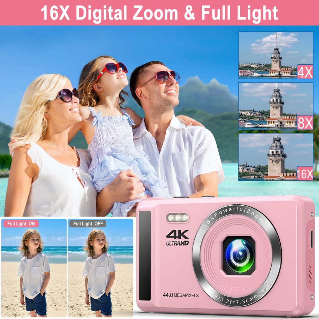 Digital Camera 4K UHD Vlogging Camera, 44MP Autofocus Compact Camera with 16X Digital Zoom, Rechargeable Point and Shoot Digital Camera with 32GB SD Card, 2 Batteries for Teens Kids Boys Girls