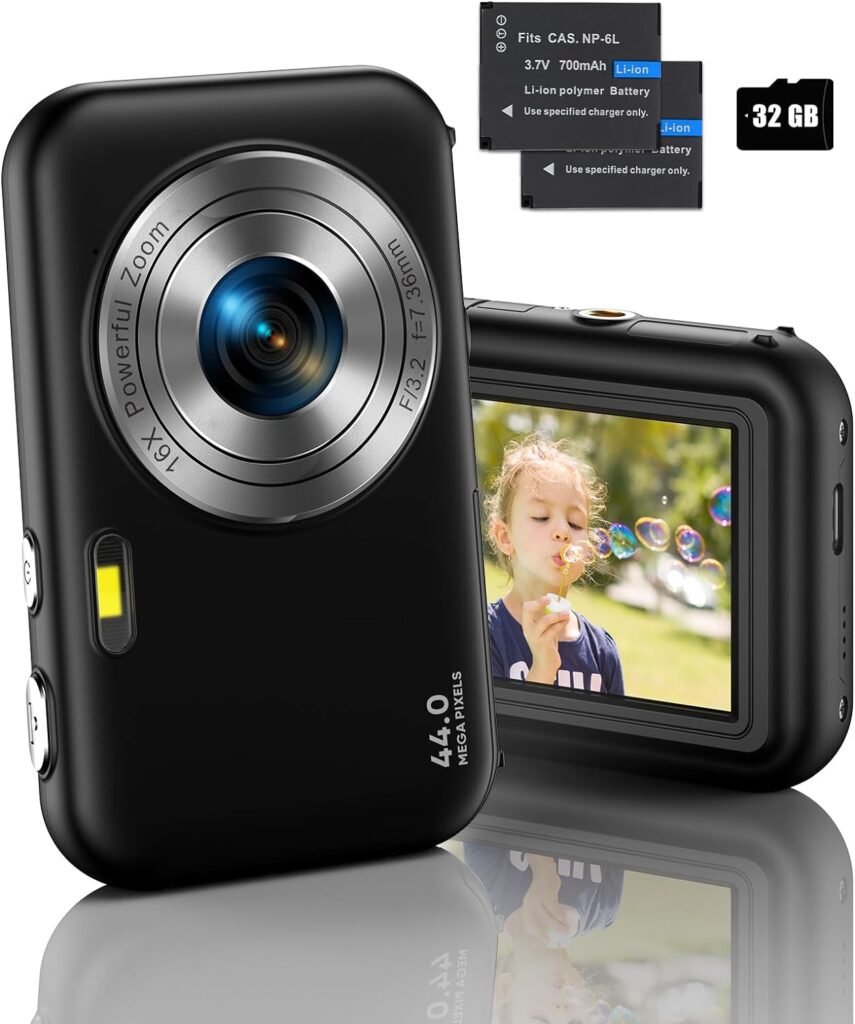 Digital Camera, FHD 1080P Camera for Kids, 16X Digital Zoom Camera for Cheap, Compact Point and Shoot Camera Portable with 32GB SD Card, Two Batteries, Small Camera for Boys Girls Kids(Black)