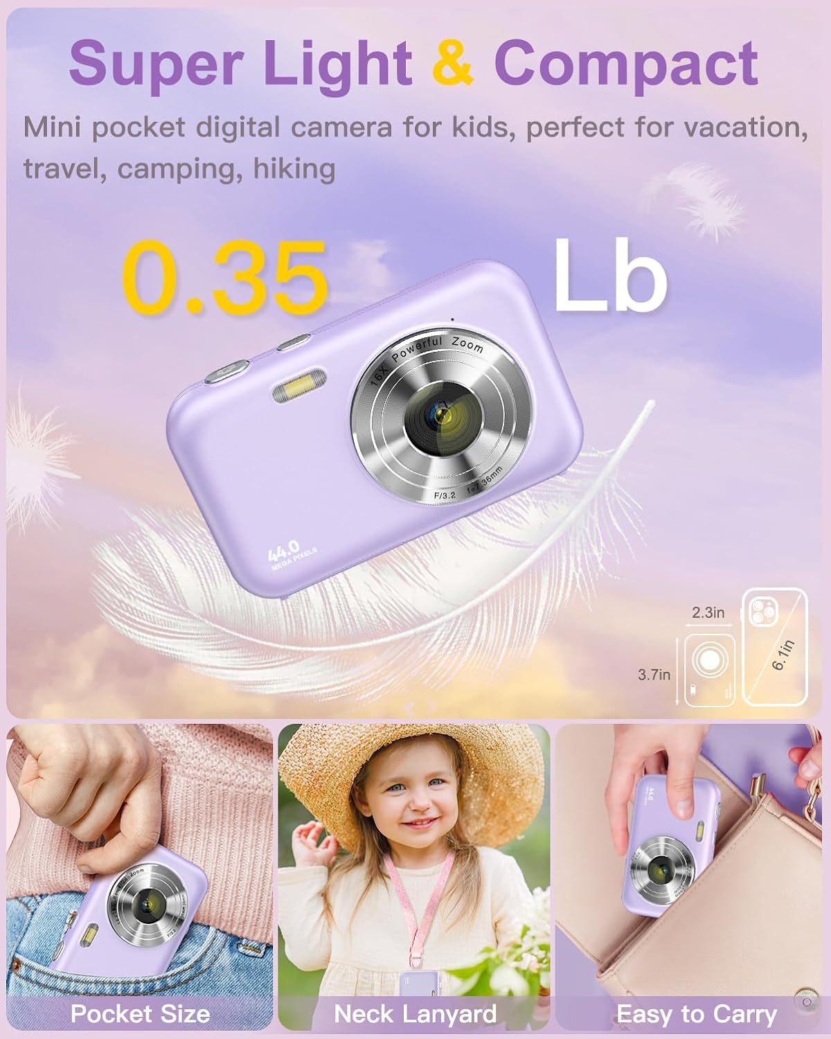 Digital Camera, FHD 1080P Kids Camera with Neck Lanyard 32GB Card Battery, Anti-Shake 16X Zoom, 44MP Point Shoot Cameras, Compact Portable Gift Camera for Kid Teen Student Girl Boy(Black)