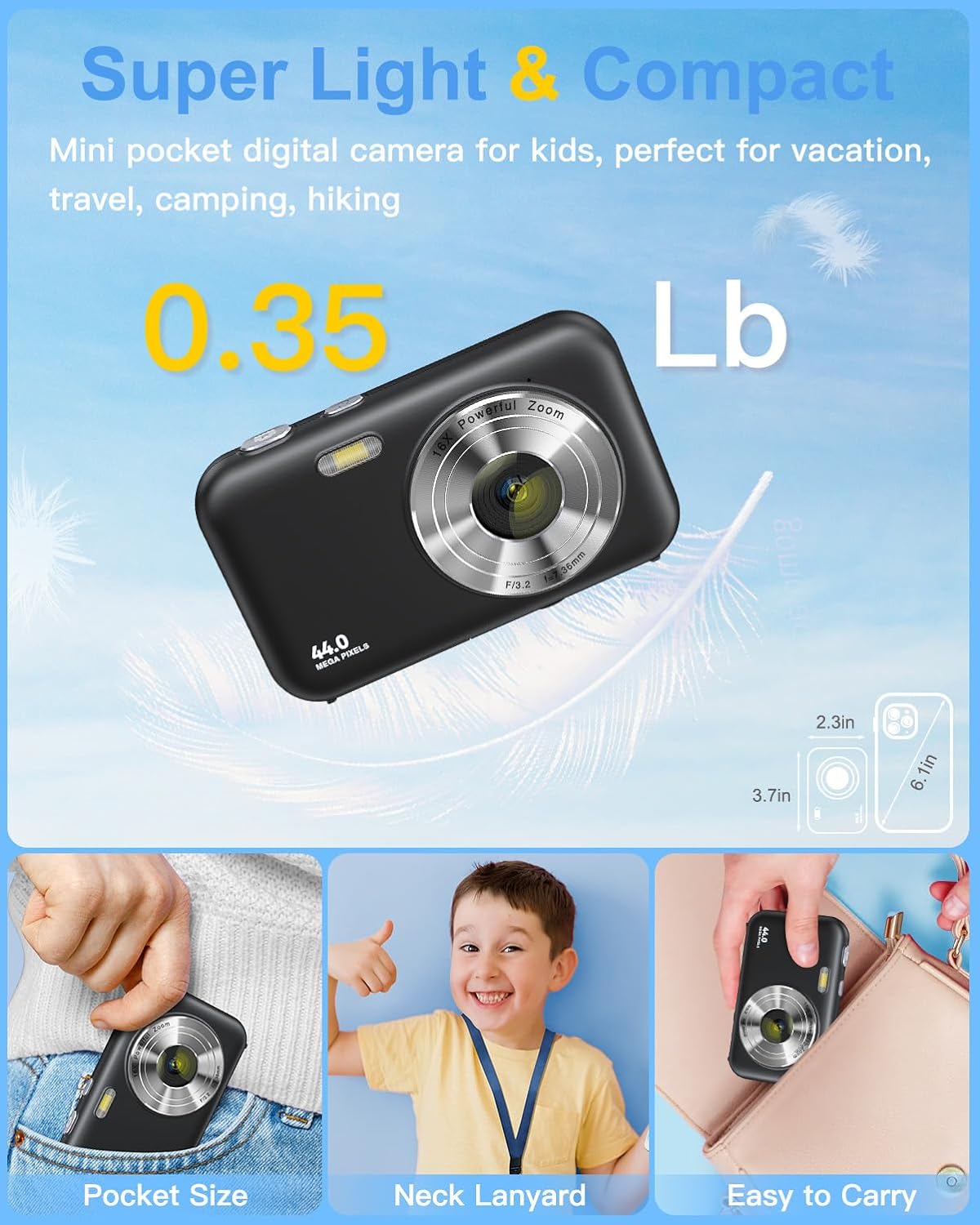 Digital Camera, FHD 1080P Kids Camera with Neck Lanyard 32GB Card Battery, Anti-Shake 16X Zoom, 44MP Point Shoot Cameras, Compact Portable Gift Camera for Kid Teen Student Girl Boy(Black)