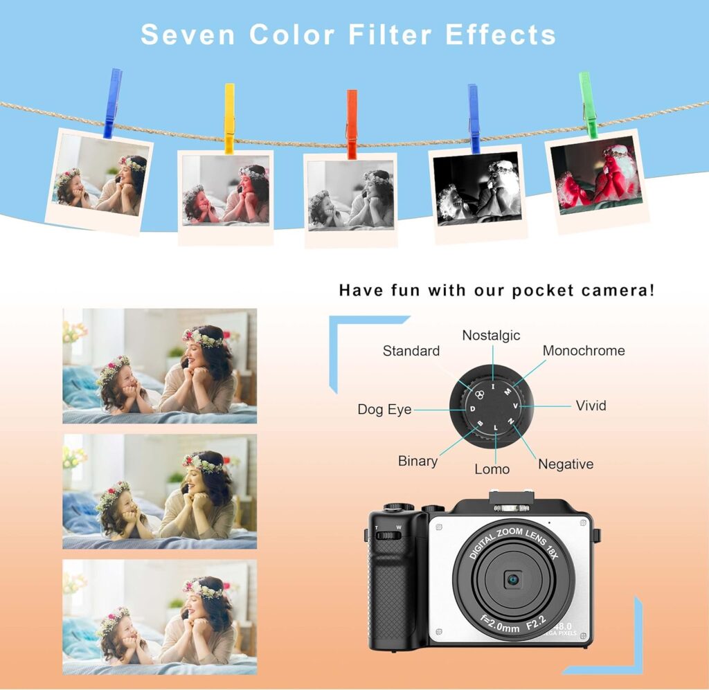Digital Camera for Photography, 4K Vlog Camera, Dual Cam Front and Rear, Autofocus  Anti-Shake, 7 Color Filters, Face Detect, 3 IPS Screen, 140°Wide Angle, 18X Zoom, 64G TF Card  Hand Strap ACG-06